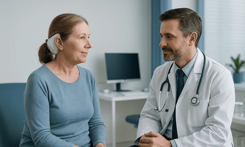 Doctor consulting with an elderly woman in a medical office.