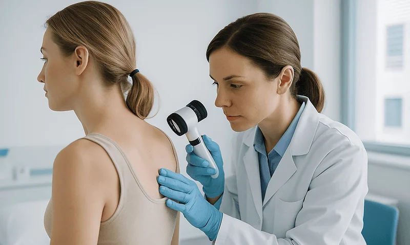 Dermatologist examining a patient's skin with a dermatoscope in a clinical setting.