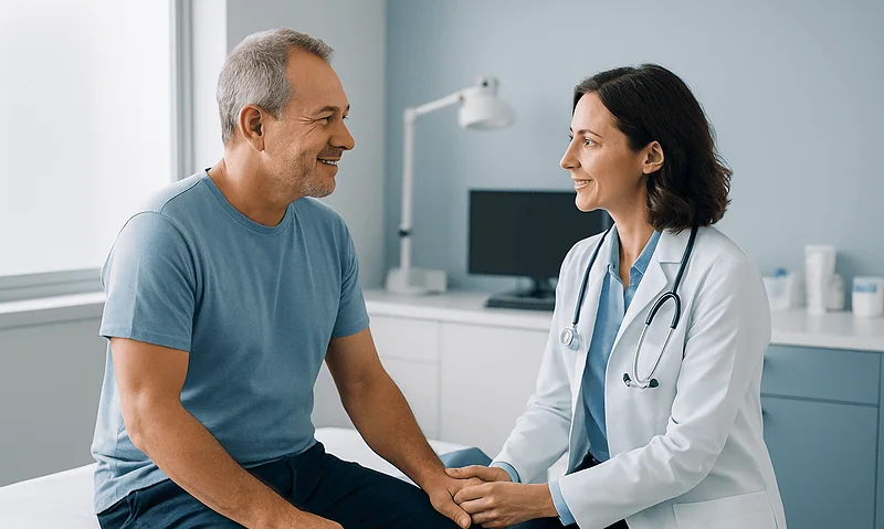 Doctor consulting with male patient in a medical office setting.
