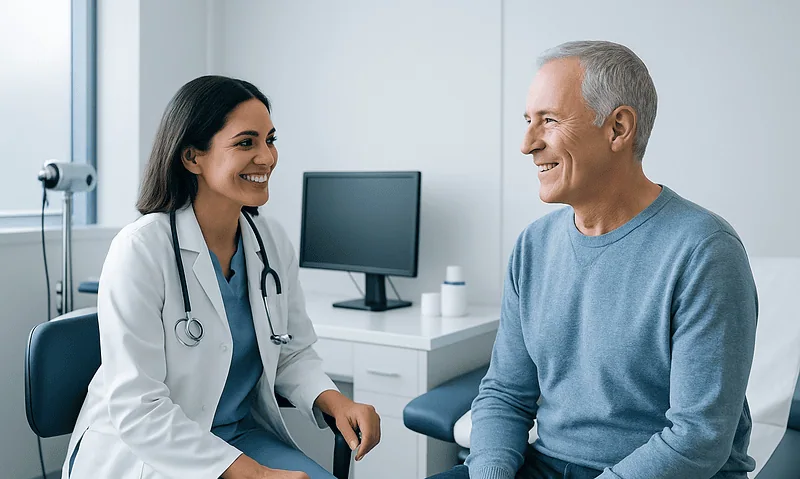 Doctor and patient smiling during consultation at Acibadem Hospital.