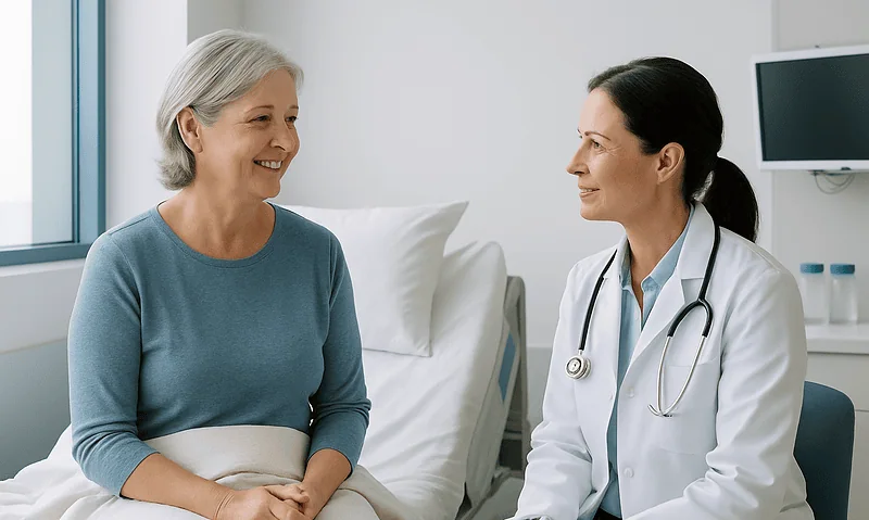 Doctor consulting with an elderly female patient in a hospital room.