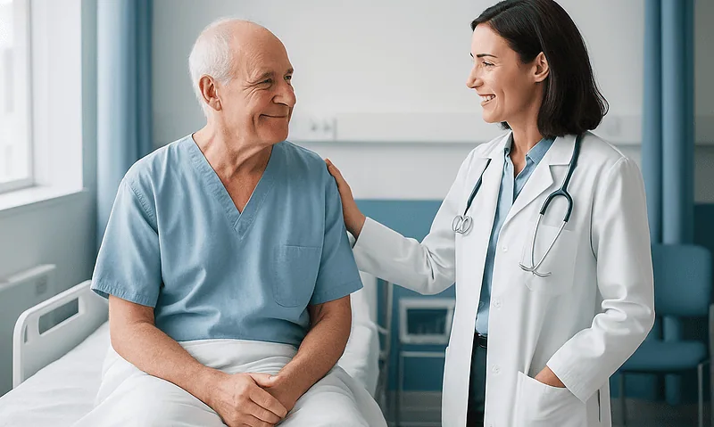 Urologist consulting elderly male patient in hospital room.
