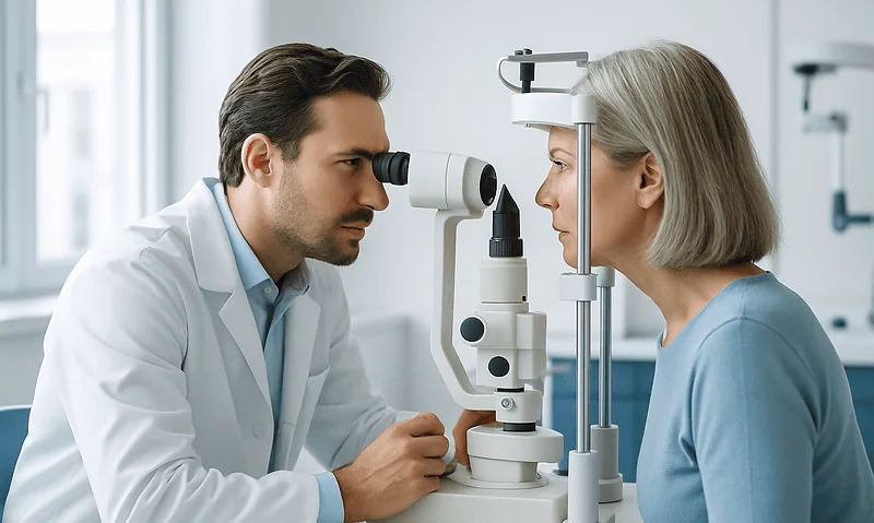 Optometrist examines elderly woman's eyes with slit lamp in clinic.