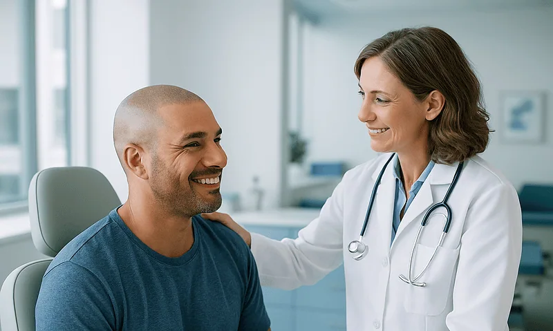 Doctor consulting with a smiling male patient in a clinic setting.