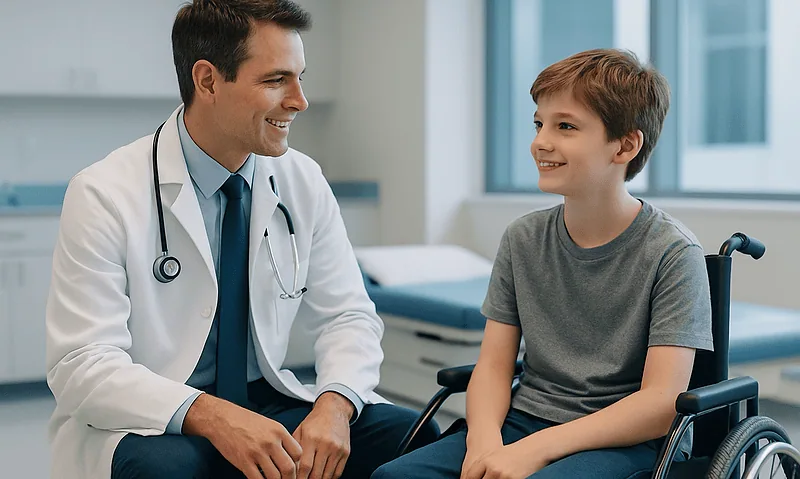 Pediatric doctor talking to a young boy in a wheelchair in a hospital room.
