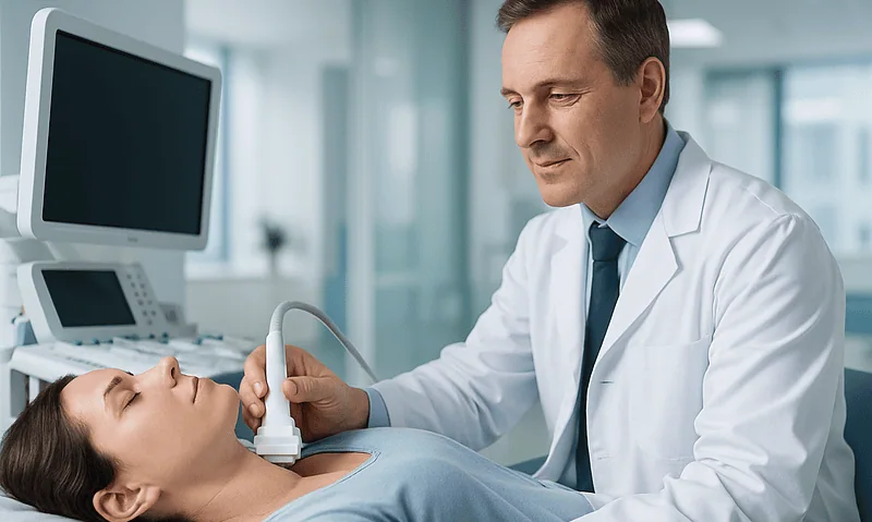 Doctor performing ultrasound on a patient in a hospital setting.