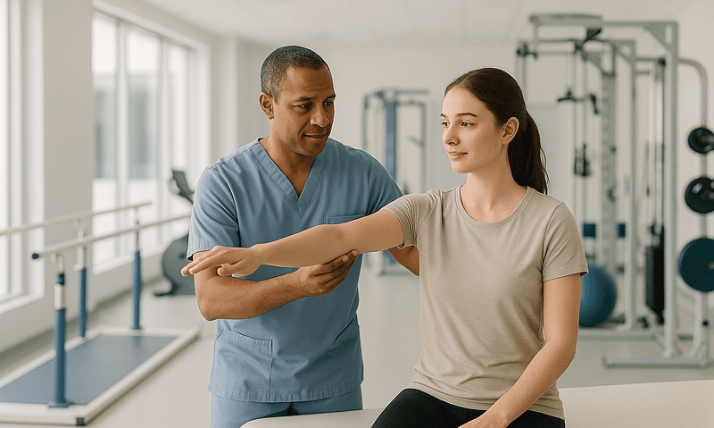 Physical therapist assisting patient with arm exercises in clinic.