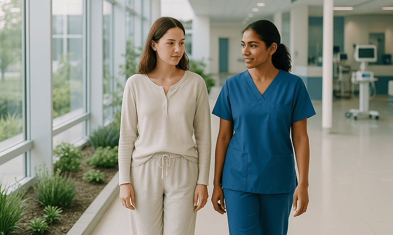 Patient and nurse walking in hospital corridor after surgery in Turkey.