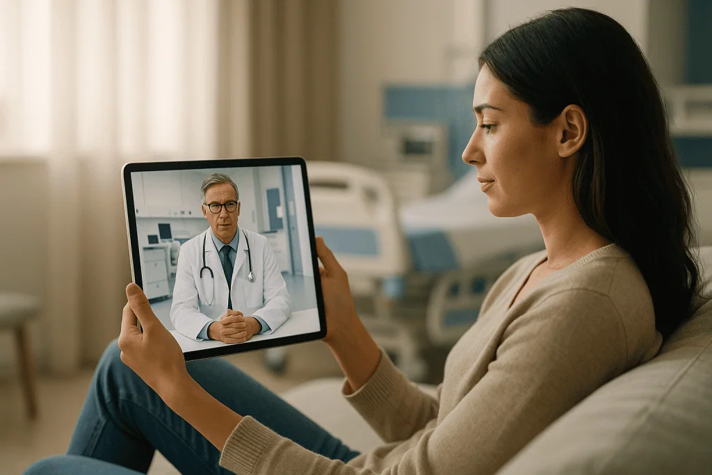 After Surgery in Turkey: When Is It Safe to Fly Home? 1 Woman consulting with doctor via tablet after surgery in Turkey.