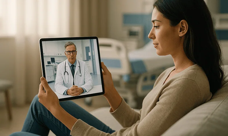 Woman consulting with doctor via tablet after surgery in Turkey.