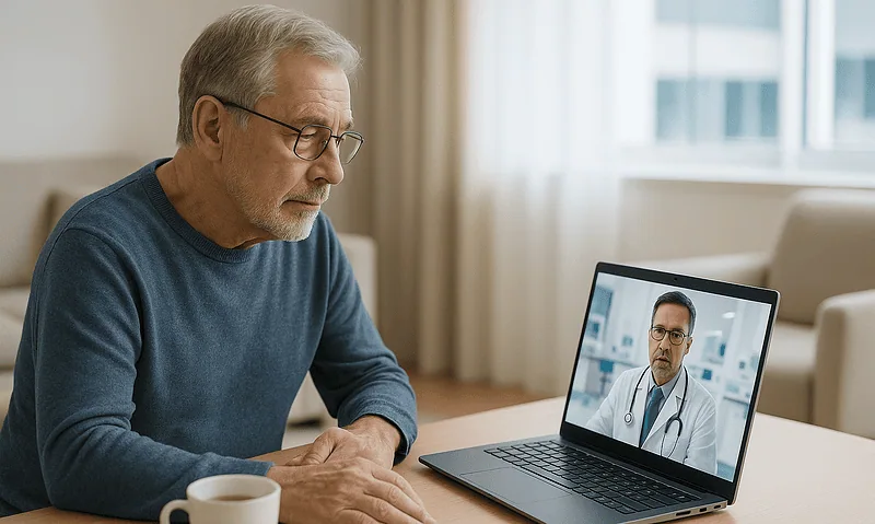 Senior man consulting with doctor via video call on laptop.