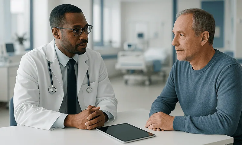 Doctor consulting with a patient in a hospital room.