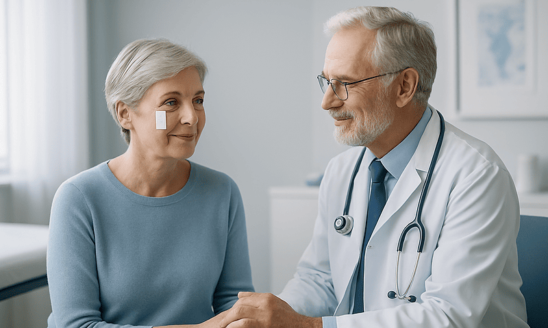 Doctor consulting with elderly woman after tear duct surgery at Acibadem Hospital.