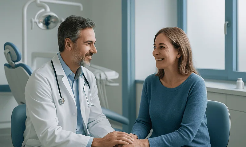 Dentist consulting with a female patient in a dental clinic.
