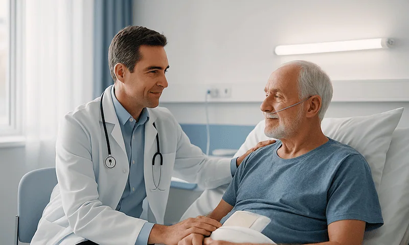 Doctor consulting with elderly patient in hospital room.