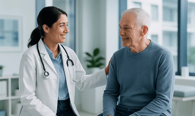 Doctor talking to senior male patient in hospital consultation room.