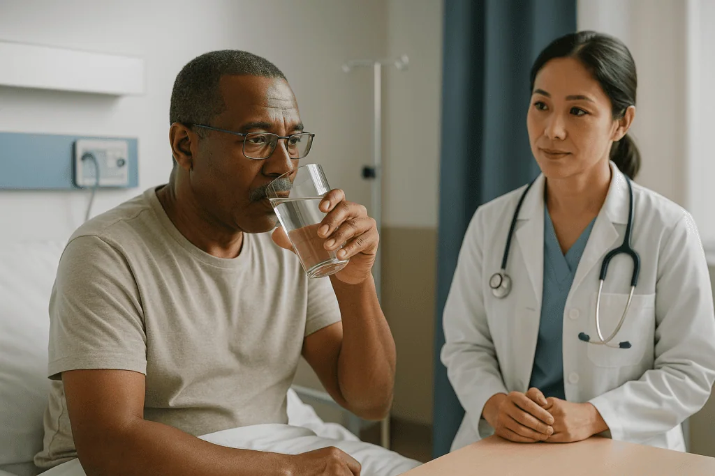 Doctor consultation with patient drinking water in clinic: After TURBT what is normal in the first 24 to 48 hours