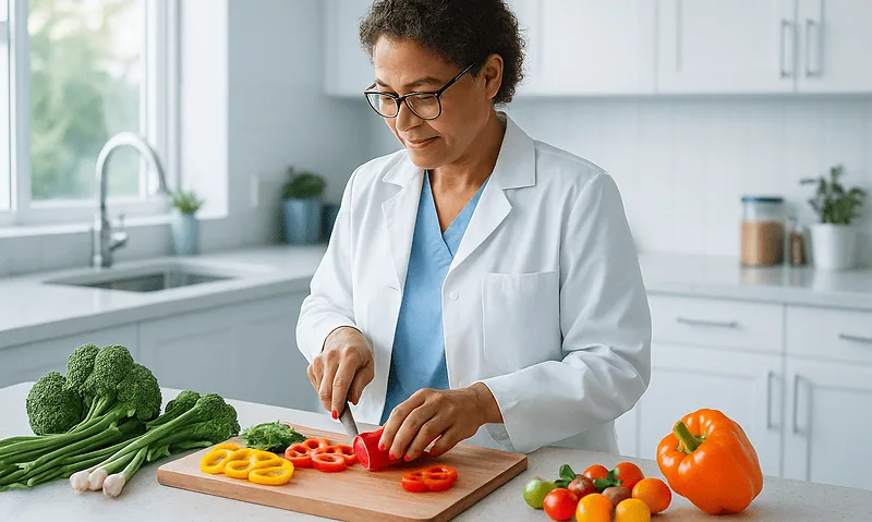 Dietitian preparing fresh vegetables for a healthy meal in a modern kitchen.