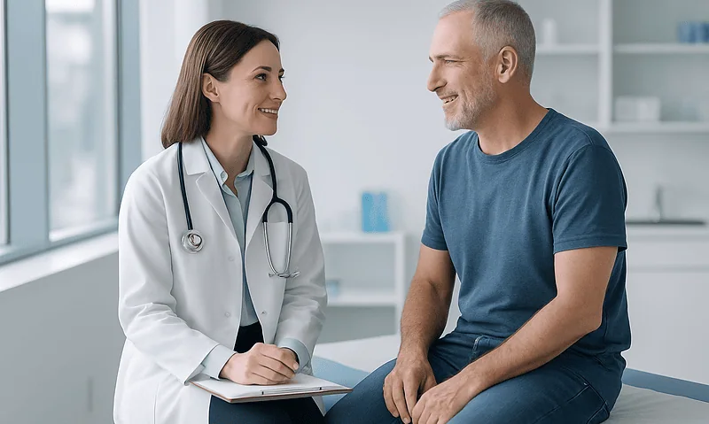 Urologist consulting with a male patient in a medical office.