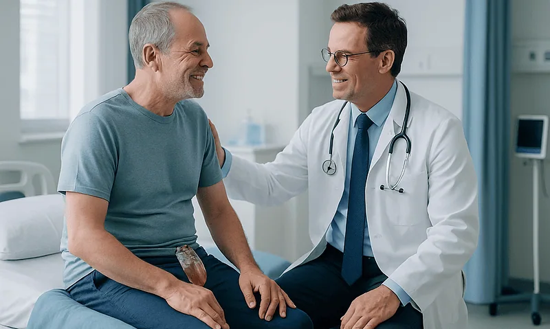 Urologist consulting with a senior male patient in hospital room.
