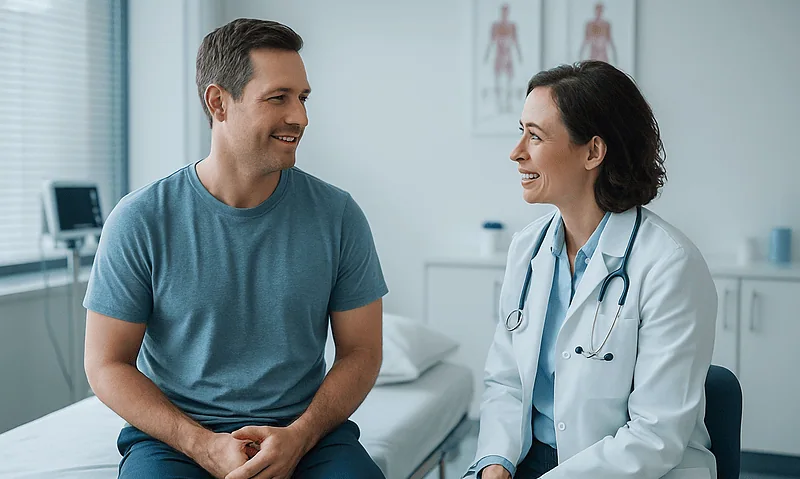 Urologist consulting with male patient in a medical office.
