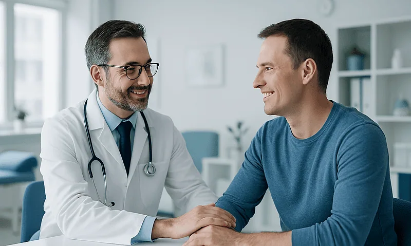 Doctor consulting with male patient in a medical office.