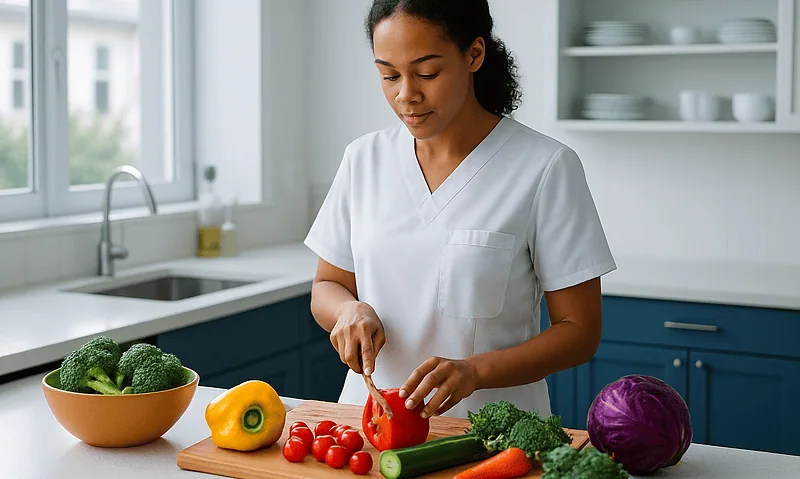 Young woman preparing fresh vegetables in a modern kitchen.