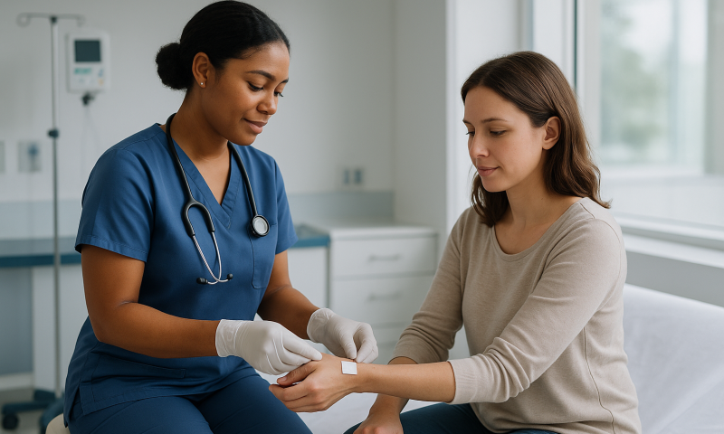 Nurse checking patient's wrist in a hospital room.