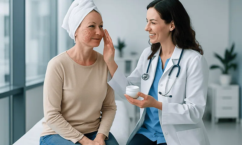 Doctor examining a patient's face after fibroblast plasma treatment.