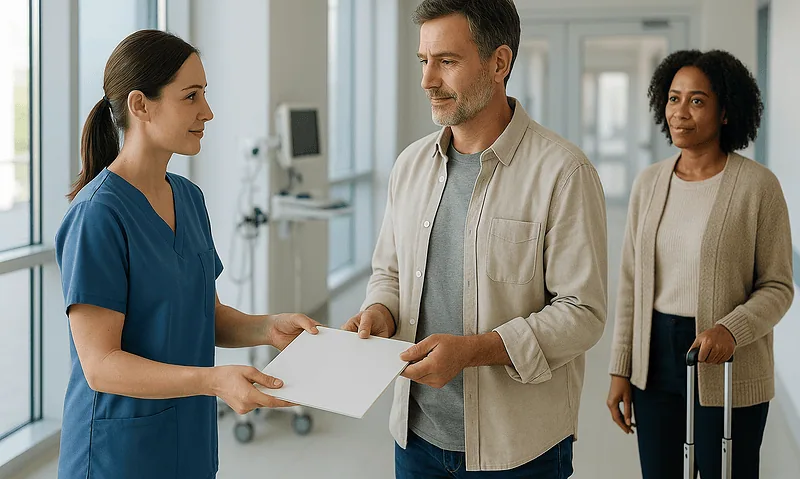 Patient receiving aftercare instructions from nurse at Acibadem Hospital in Turkey.