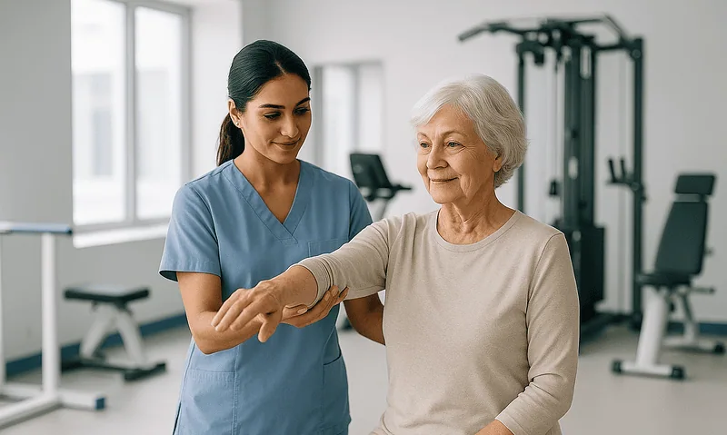 Physical therapist assisting elderly woman with arm exercises in gym.