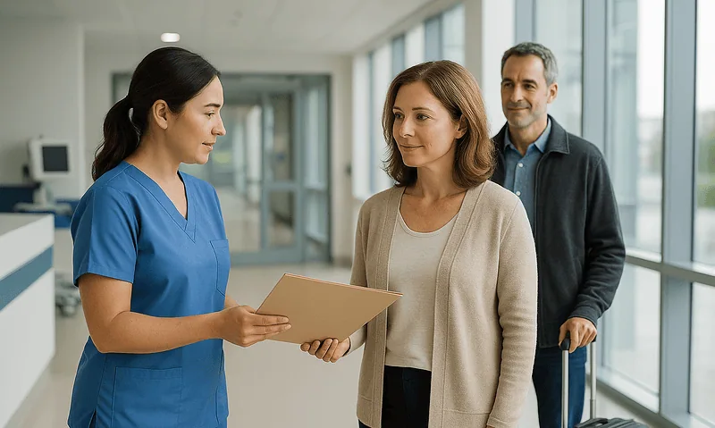 Patient receiving aftercare instructions from nurse at hospital.