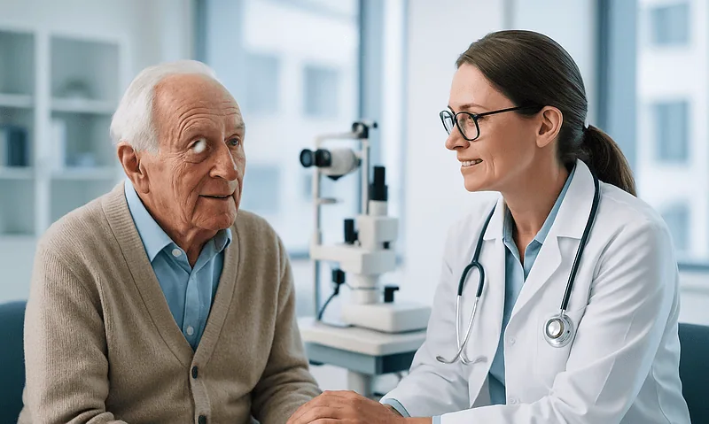 Optometrist consulting with elderly patient in clinic setting.
