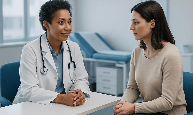 Doctor consulting a patient about reproductive health in a clinic setting.