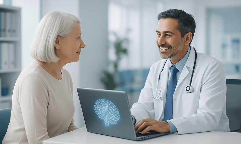 Doctor consulting with elderly patient in a modern hospital setting.
