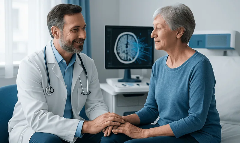 Doctor and patient in consultation with brain scan on monitor behind them.