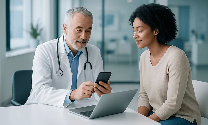 Doctor consulting with a patient using a smartphone in a modern clinic.