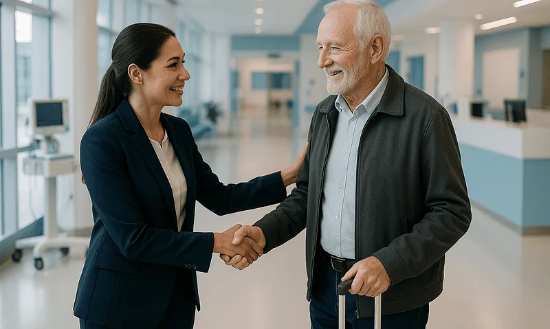 Hospital staff greeting a senior male patient at the reception area.