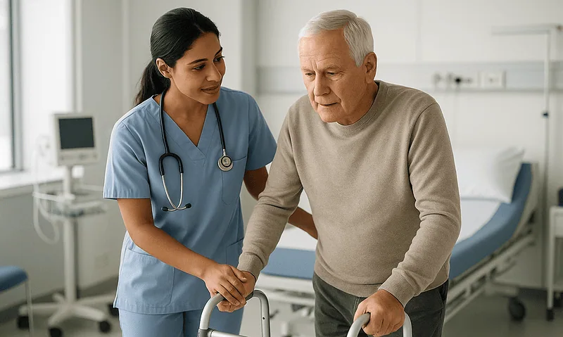 Nurse assisting elderly patient with walker in hospital room.