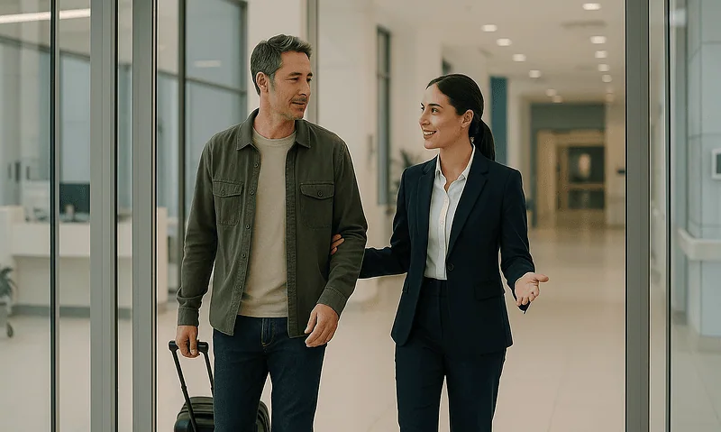 Smiling woman in formal attire greets a man with luggage at airport.