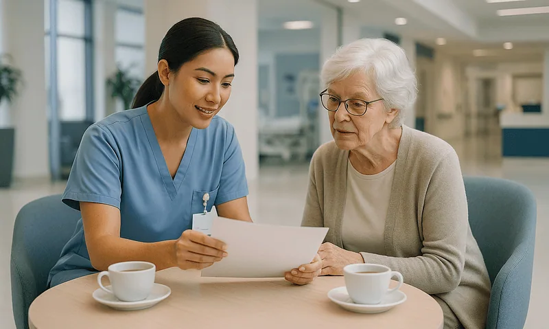 Nurse consulting with elderly patient at hospital table in Turkey.