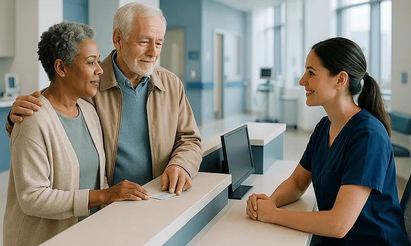 Elderly couple checking in at hospital reception with nurse.
