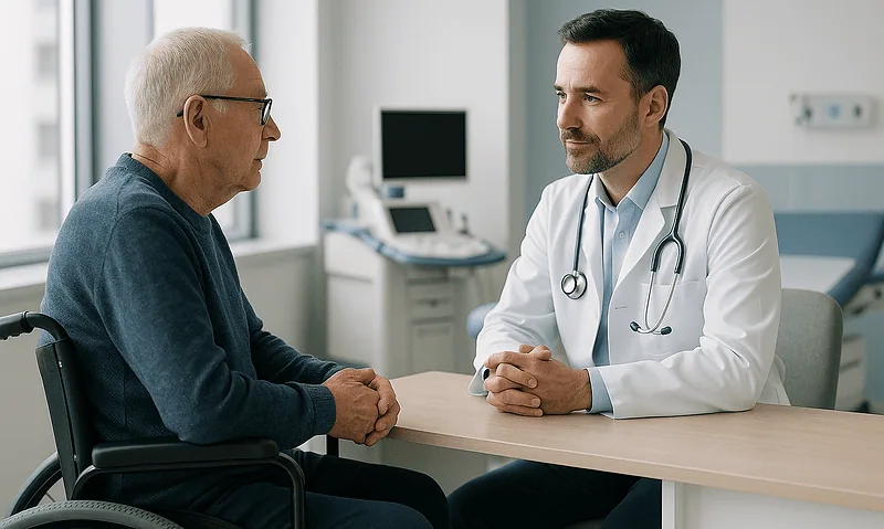 Doctor consulting with elderly patient in a hospital room.
