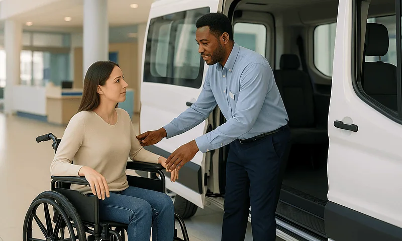 Assistance for wheelchair user at airport with staff helping.