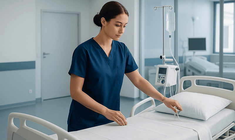 Nurse preparing hospital bed in a modern medical room.