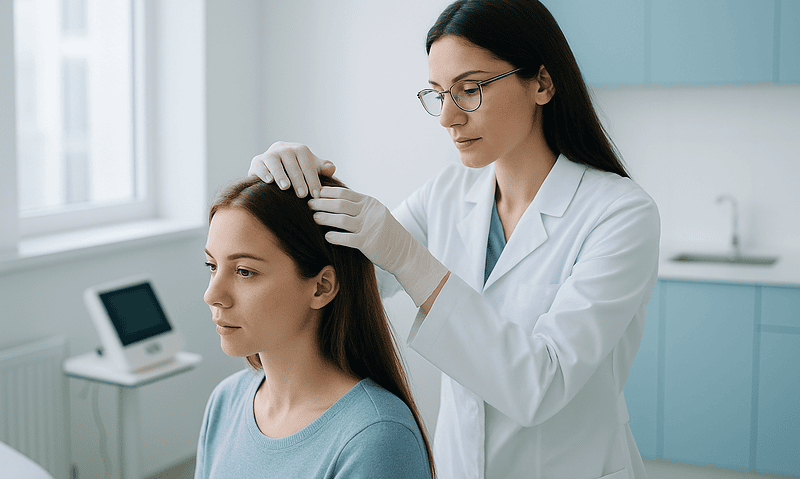 Doctor examining patient's scalp in a clinical setting.