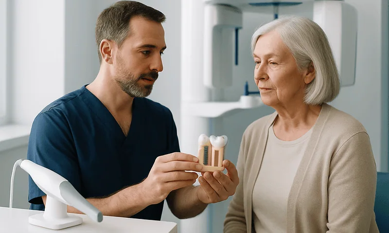 Dentist explaining dental implant to elderly woman in clinic.