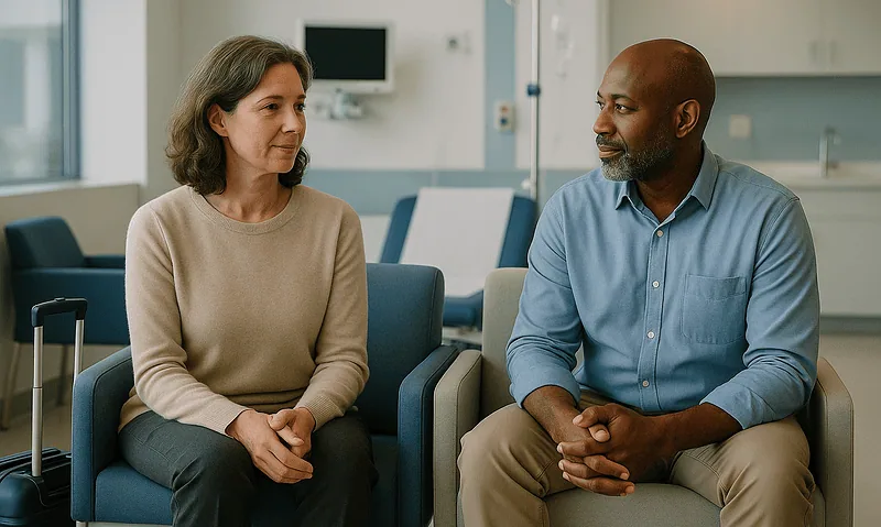 Patient and doctor having a consultation in a hospital room.