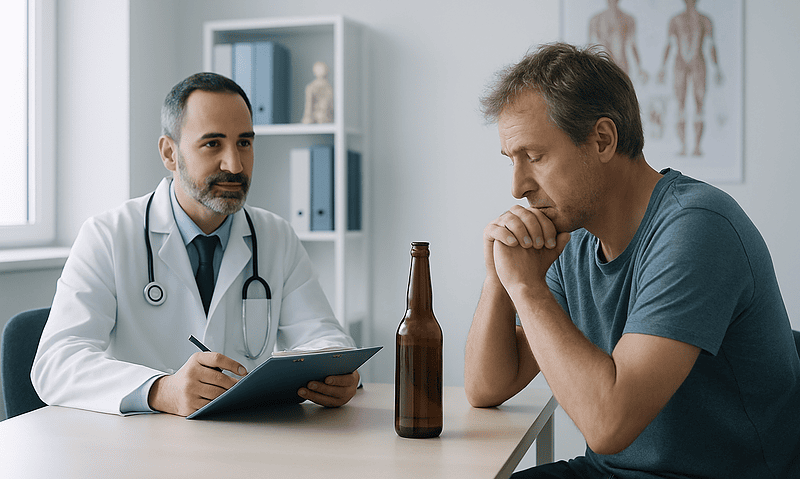 Doctor consulting with a male patient about alcohol use disorder treatment.