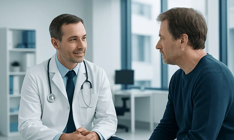 Doctor consulting with a patient in a modern medical office.